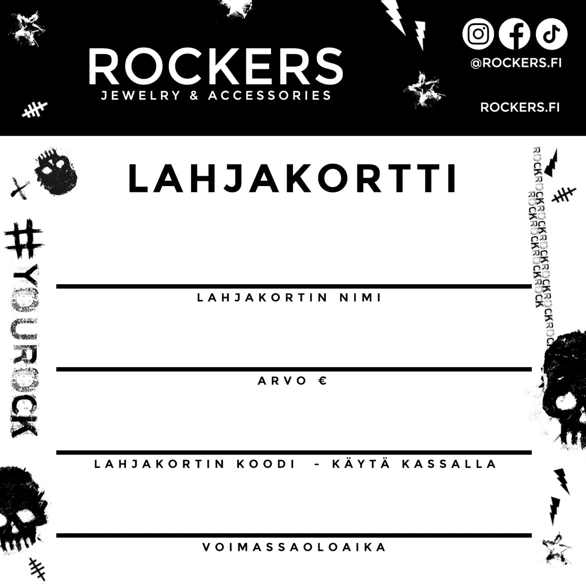 Rockers lahjakortti. Lahjakortin kääntöpuoli sisältää pääkallo, salama ja teksti printtejä!